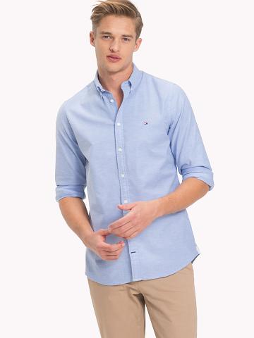 Férfi Tommy Hilfiger Slim fit stretch cotton oxford Ingek Kék | HU 1065FDN